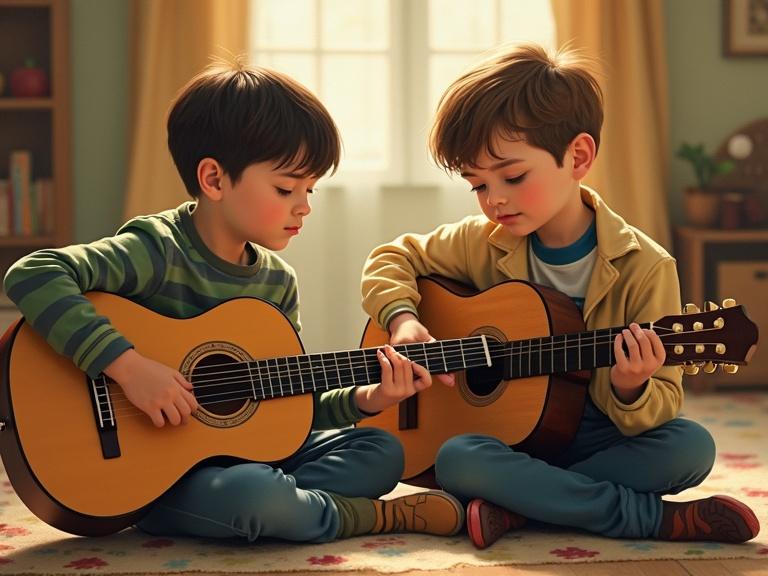 Two boys sit on the floor. Each boy holds a guitar. They are focused on playing their instruments. The scene is warm and inviting, with soft light from a window. The style resembles Norman Rockwell.