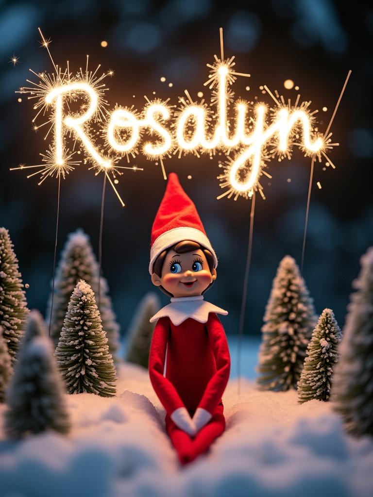 An elf character dressed in a red outfit sits in a winter landscape with evergreen trees. Above the elf, the word 'Rosalyn' is displayed in sparkling letters. The scene is set during night. The atmosphere is cheerful and festive.