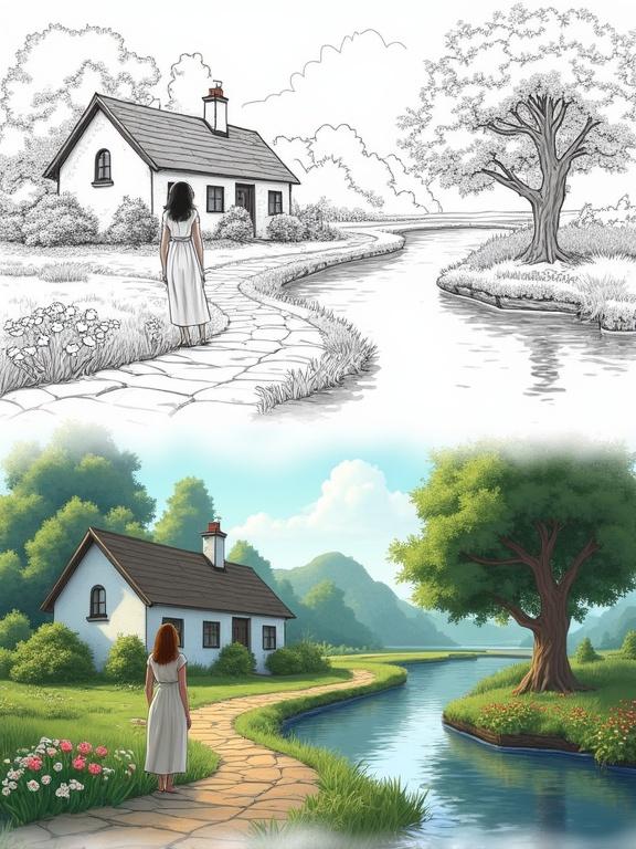 A split image features line drawings and colored renderings. The top half shows an uncolored line drawing of a tranquil countryside scene with a white cottage and lush greenery. A winding stone path leads to the cottage. A calm river flows to the right of the path, reflecting surrounding trees and sky. The riverbanks have green bushes and small, colorful flowers. A large tree stands near the center. In the distance, an adult female figure in a light-colored long dress stands near the water's edge. The bottom half shows the identical image fully colored.