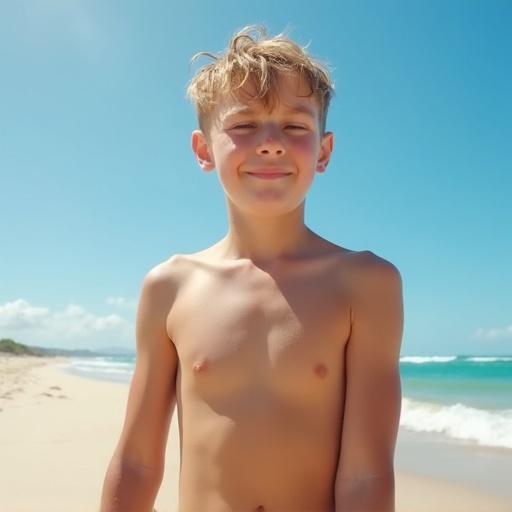 Shirtless preteen boy on beach enjoying a sunny day.