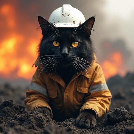 A cat wearing a white hard hat and work jacket, covered in soot. The cat has wide eyes and sits stiffly. The background features a smoking crater and explosion aftermath. The cat's fur is puffed out dramatically.