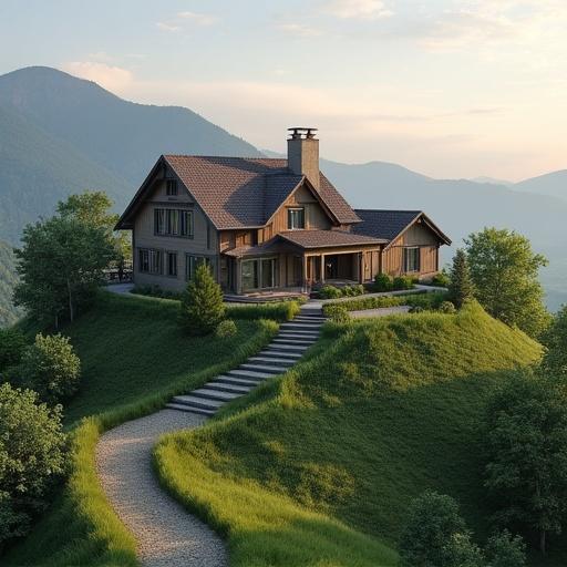 A beautifully designed house rests on a grassy hilltop. Surrounding mountains encompass the property. Stone pathway winds through vibrant greenery toward the entrance. Natural sunlight enhances the home’s charm. Ideal for serene living and picturesque views.