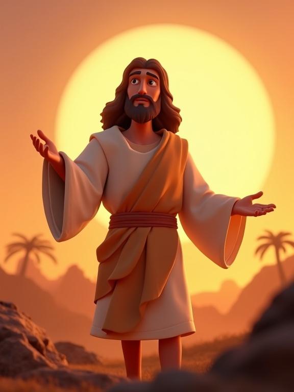 3D cartoon style animation with vibrant colors showing Jesus Christ speaking directly to the camera with a serious yet inviting expression. The scene is set at sunset with a softly lit landscape, aiming to deliver a spiritual message with emotional depth.