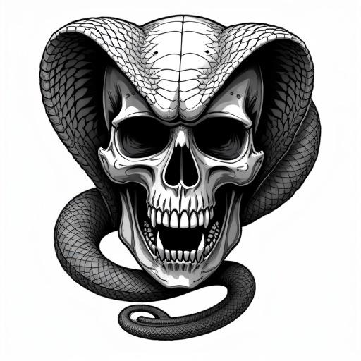 Logo features a detailed skull with sharp bones and teeth. A cobra intertwines around it. Cobra's head is above the skull with an expanded hood and intricate scales. The design conveys strength. The artwork is black and white with high detail.