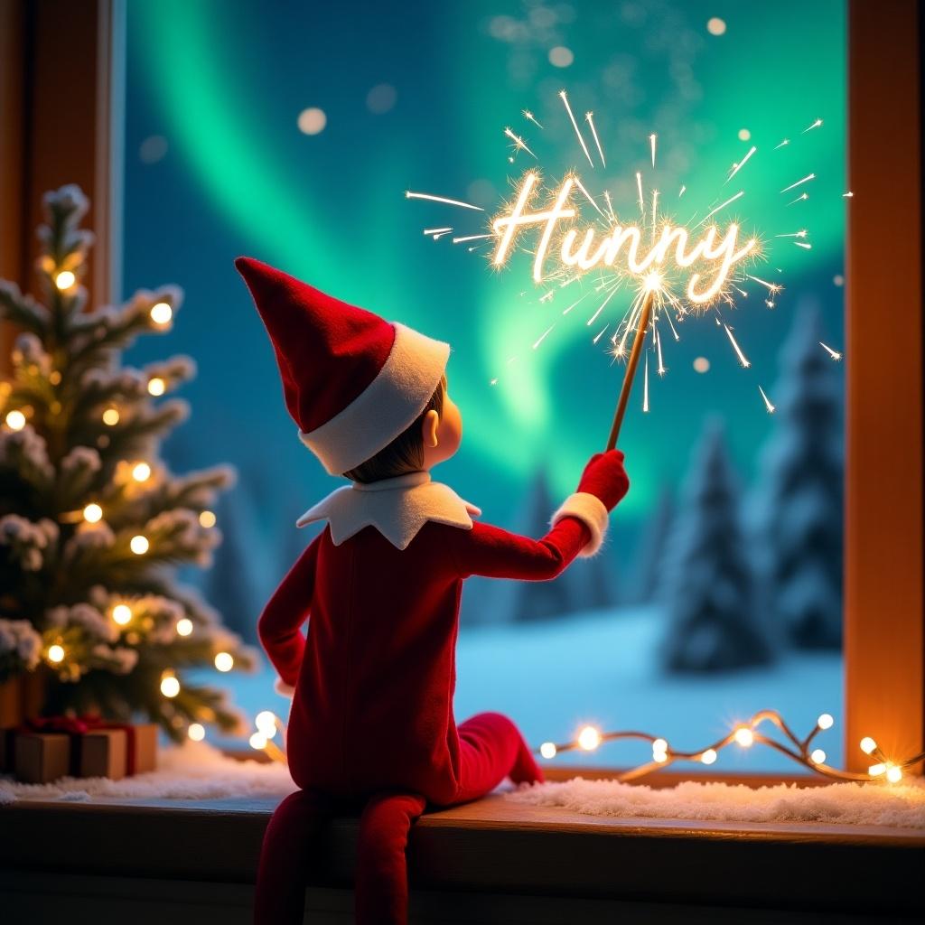 Enchanting Christmas scene with elf on the shelf. Elf dressed in red and white. Elf faces sky using magic wand. Sparkler writing above elf. Background features vibrant northern lights. Scene conveys Christmas spirit with whimsy.