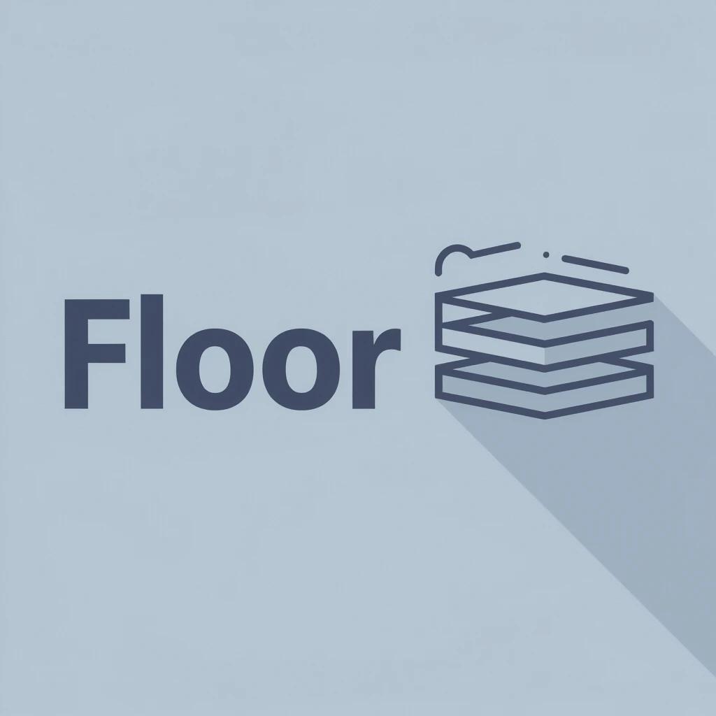 Clean modern design showcases the word 'FLOOR' in bold sans-serif font. Next to it a minimal floors icon with three stacked layers. Simple flat style in neutral grays and blues. Balanced composition ensures clear readability. Suitable for signage or app interface.