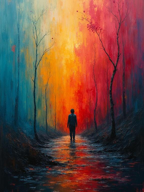 Neo-impressionism expressionist style oil painting features a person in a colorful landscape. Thick layers of textured paint create a dramatic atmosphere. Cinematic lighting enhances the vibrant colors. The pathway stretches into the distance, inviting contemplation.