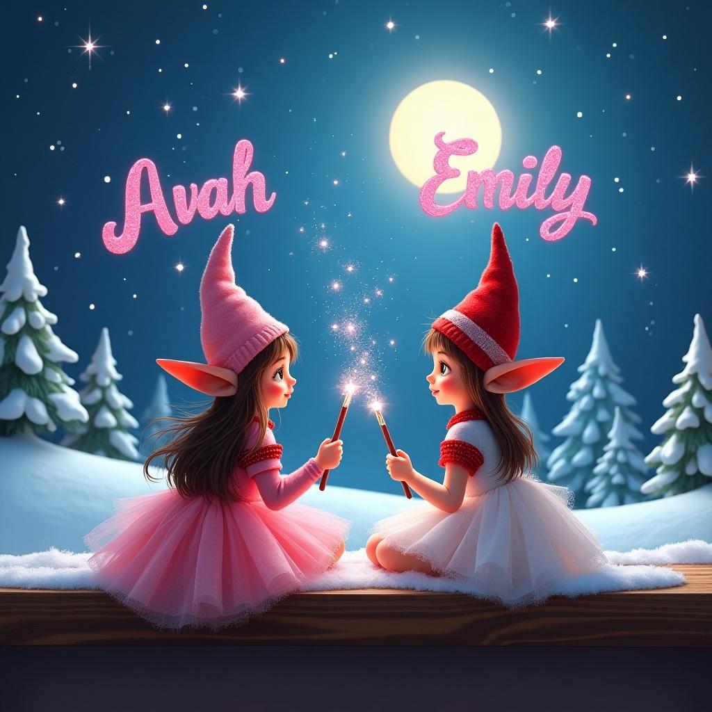 Two elves with magical wands write names in pink glitter. One has a pink dress and the other wears white and red. They sit in a snowy landscape under a bright moon.