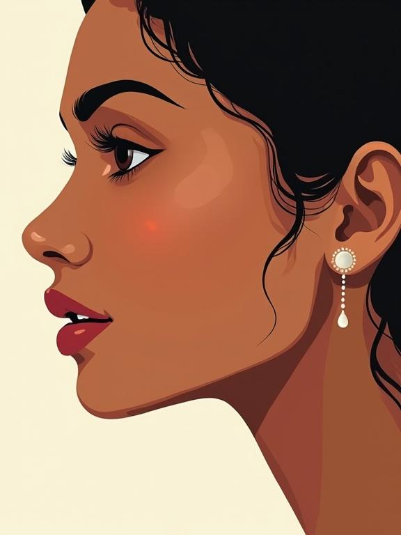 Close-up illustration of an Indian woman featuring an elegant earring on the ear. Earring includes a pearl and dangling element. Soft peach background highlights the beauty and elegance of the jewelry.