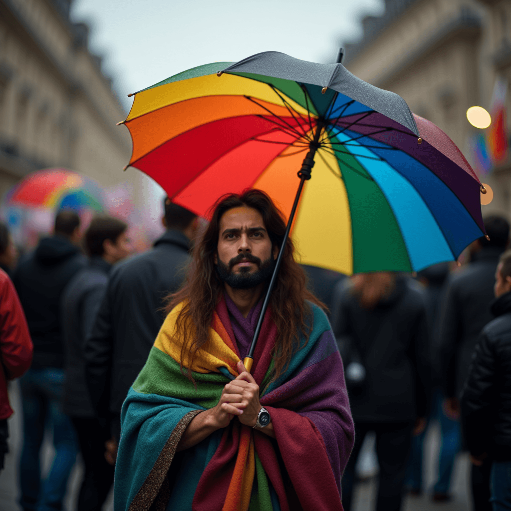 A person stands in a crowded street holding a rainbow umbrella, wrapped in a rainbow shawl.