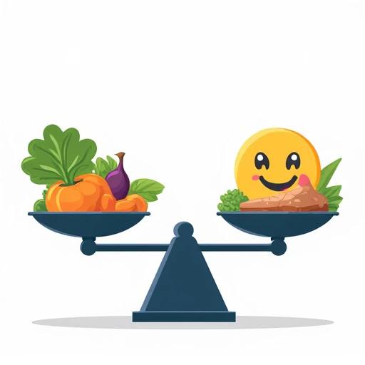 Flat design cartoon illustration of a balance scale showing healthy foods and a happy emoji. One side has vegetables and fruits. The other side has a smiling face. Navy blue scale with thick black outlines. Colors include green and orange on white background.