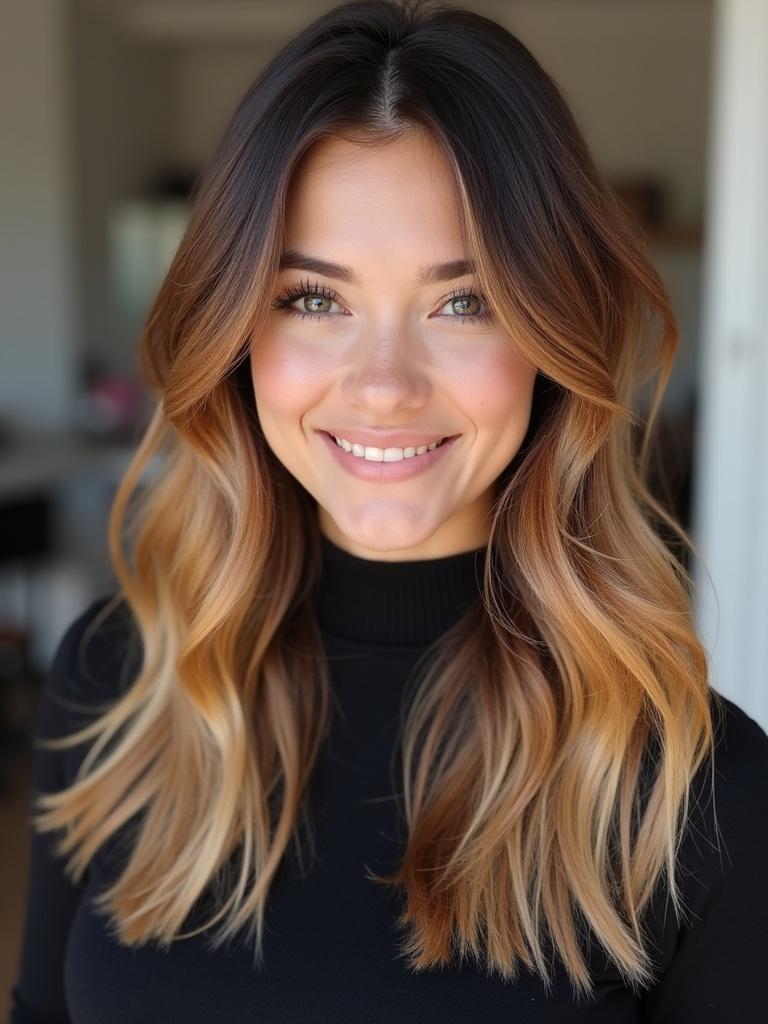 Woman with long hair showing a professional ombre hairstyle. Hair has a blend of blonde and brown colors. Hairstyle is elegant and well-styled. The setting appears to be in a salon environment.