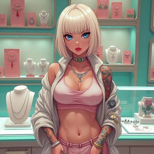 Anime woman with frosted blue eyes in a futuristic jewelry shop. Dressed in modern popstar streetwear. Long blonde bob with piercings. Showcase of jewelry behind her. Muscular arms and visible tattoos. Shopping as an A-list celebrity.