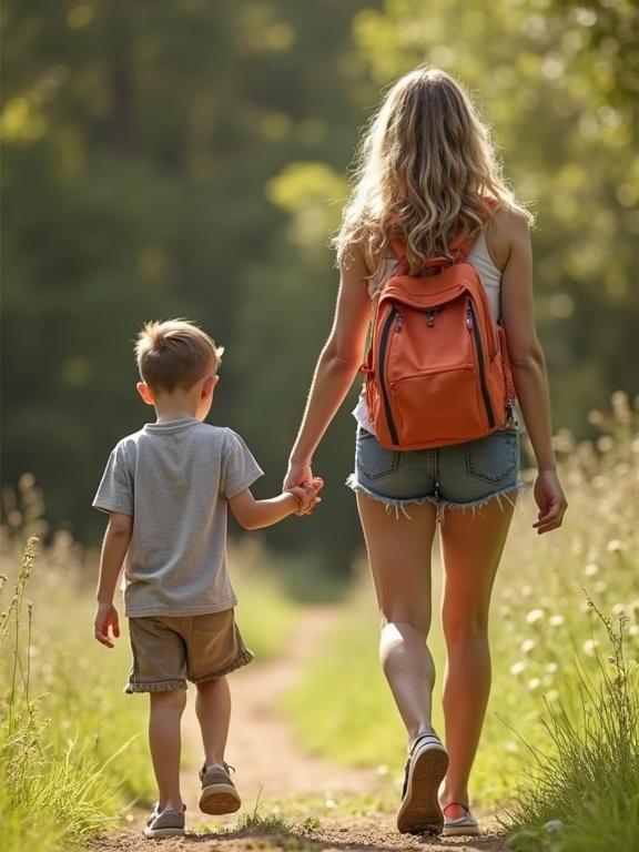Beautiful mother walking hand in hand with her son on a nature trail. Mother has a backpack and wears shorts. Natural sunlight illuminates the scene with greenery surrounding them.