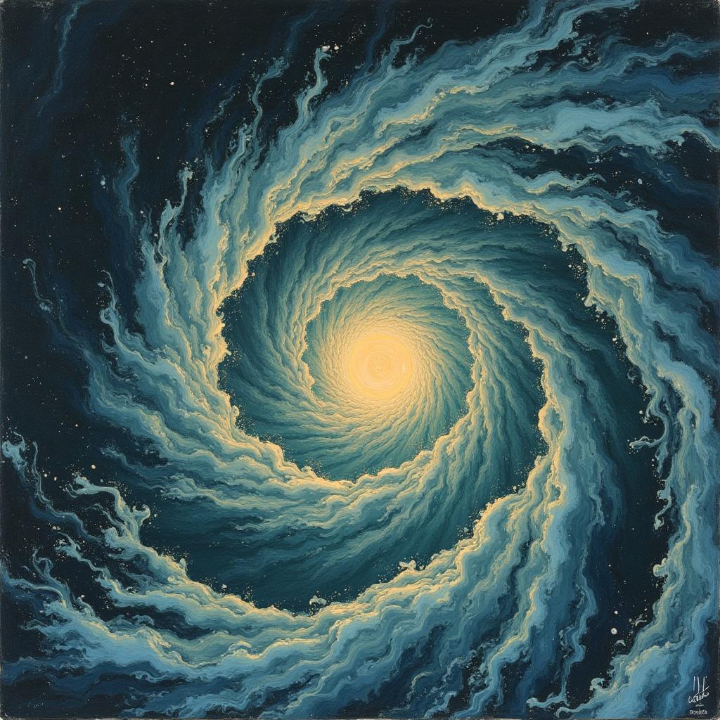 Album cover artwork featuring a swirling spiral resembling a hurricane. Bright light at the center with deep blue and teal clouds swirling around.