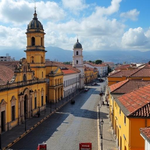 Aerial view of Cartagena de Indias. Colonial architecture with yellow buildings. A stone street surrounded by historical structures. Gentle clouds in the blue sky. Mountains in the distance.