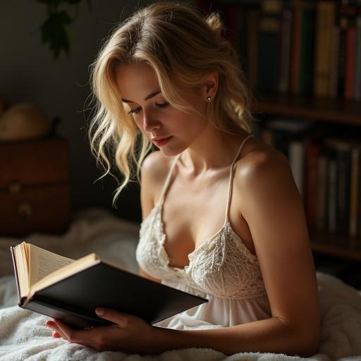 Beautiful woman with blonde hair reading a book in a cozy indoor setting. Soft natural light illuminates her figure. She is seated comfortably, creating an intimate atmosphere.