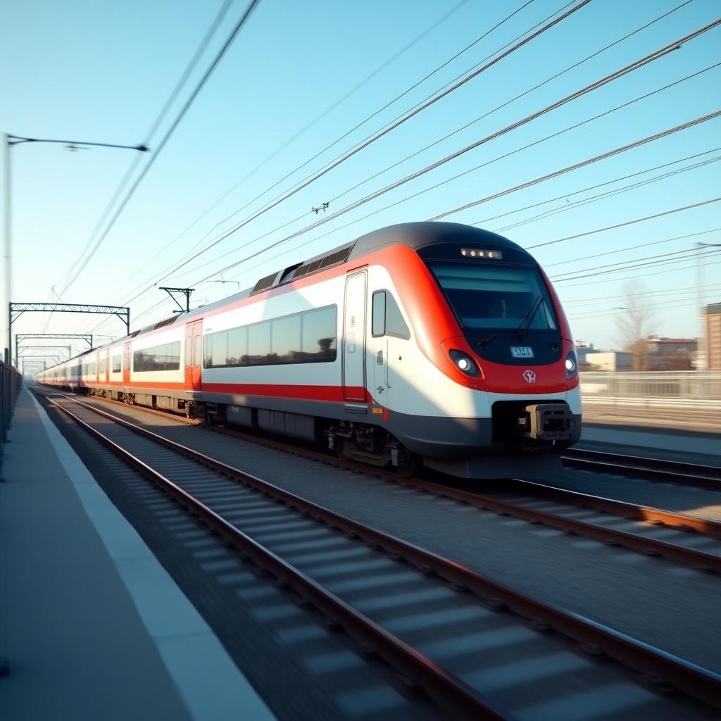 Express train moving swiftly on tracks in bright daylight.