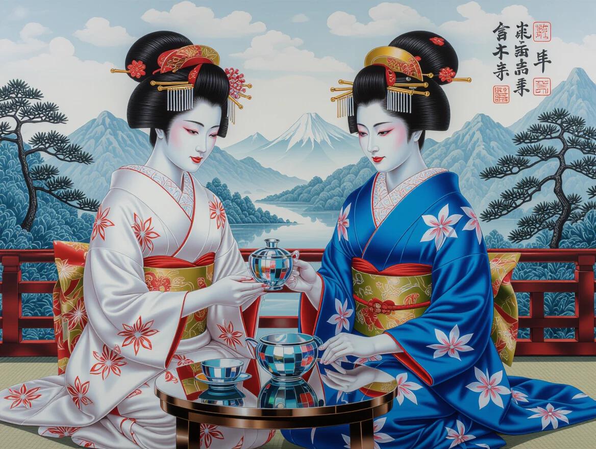 Oil painting showcasing two beautifully dressed Japanese geisha conducting a traditional tea ceremony in a serene landscape. The style is hyperdetailed with generous strokes featuring a vibrant color palette subtly accentuated with chrome metallic elements.