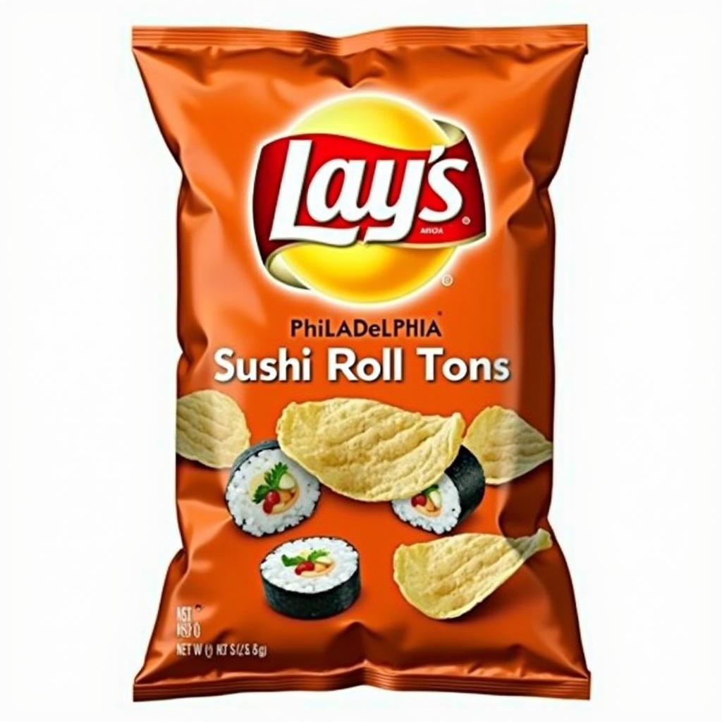 Philadelphia Sushi Roll flavored Lay's Potato Chips in a bag. Bright packaging with various sushi images. Brand logo prominent.