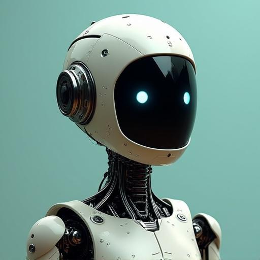 Android character with a robot body. Pixelated face design. Screen-like facial features. Metallic skin texture enhances the futuristic look.