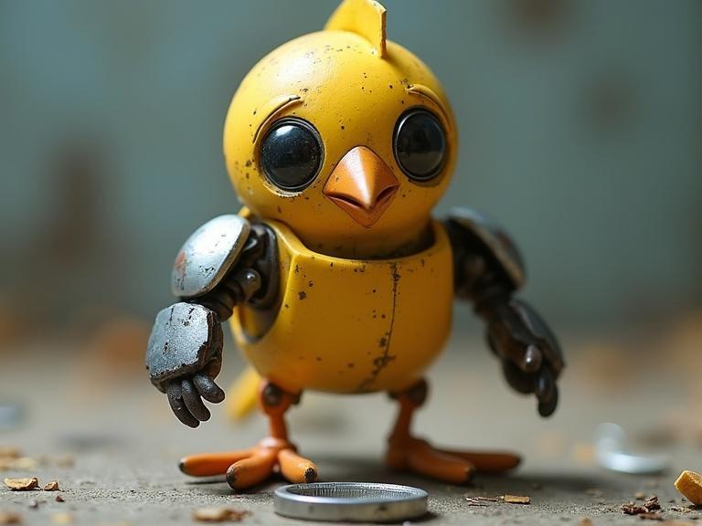 A toy robot bird blinks eyes and looks at a spare part. Then it looks back up at the viewer and blinks.