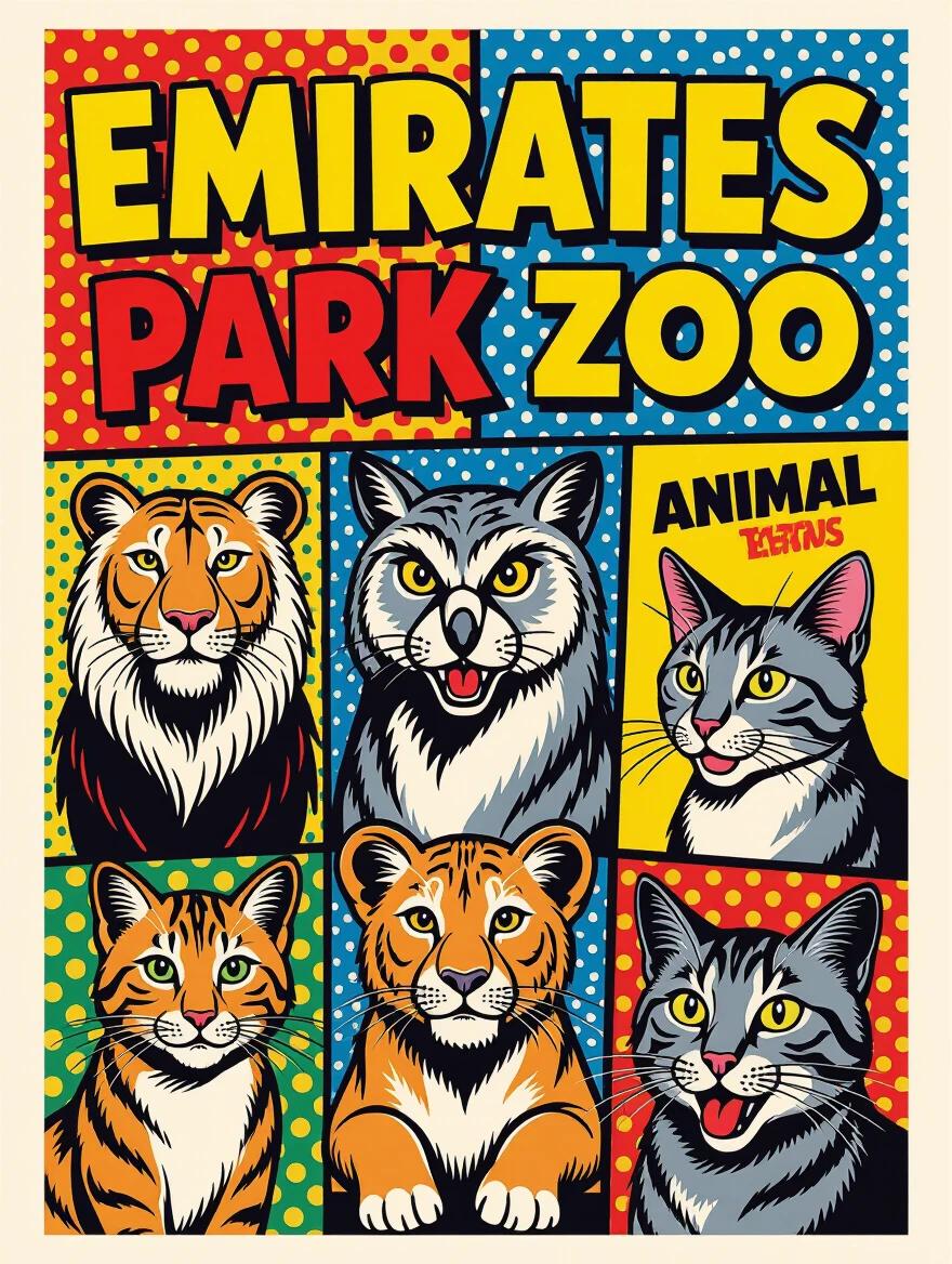 Vibrant and cheerful pop art poster featuring Emirates Park Zoo animals. Includes strong colors and bold designs. Uses clear lines and comic book effects. Evokes a sense of fun and energy. Immediate visual message.