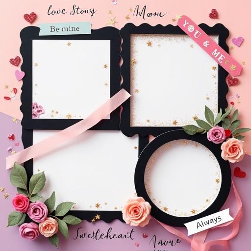 Square-format couple-themed photo collage with four image areas styled as black frames. Decorative shapes and overlapping arrangement with heart-shaped frame, rectangular frame with wavy edges, circular frame with glitter stars, square frame with rounded corners. Background features blush pink and lavender gradient, heart doodles, love letters, roses, and sparkles. Handwritten romantic words in sticker-style typography.