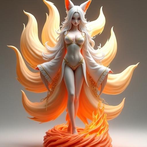 A sensual woman inspired by a nine-tailed fox from Pokemon. Long glossy white hair and pointy fox ears. Wears a short kimono with gold and white details. Nine sculpted tails like flames behind her. Expression is majestic, wise, and seductive. Base has fire carving in a spiral. Designed for resin printing. Sensual and divine like a legendary fire kitsune.