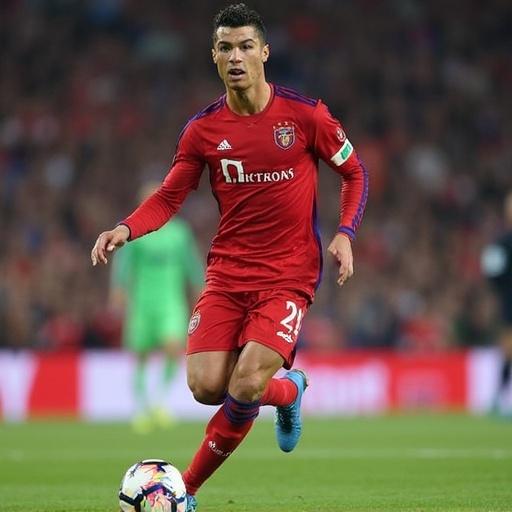 A soccer player in a red uniform is dribbling the ball on the field. The background shows stadium lights and a crowd.