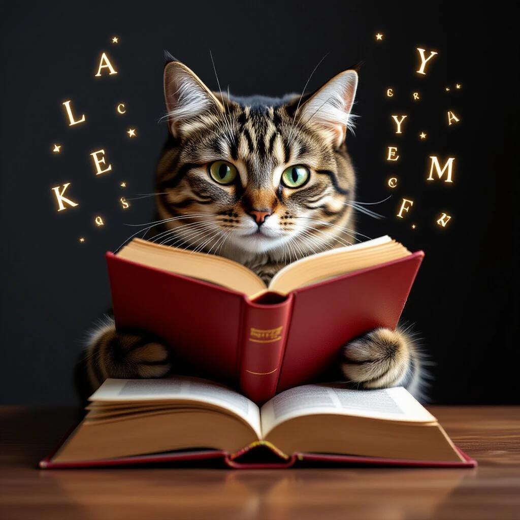 A cat is reading a floating book with swirling magical letters around it. The cat looks intrigued and focused on the book.