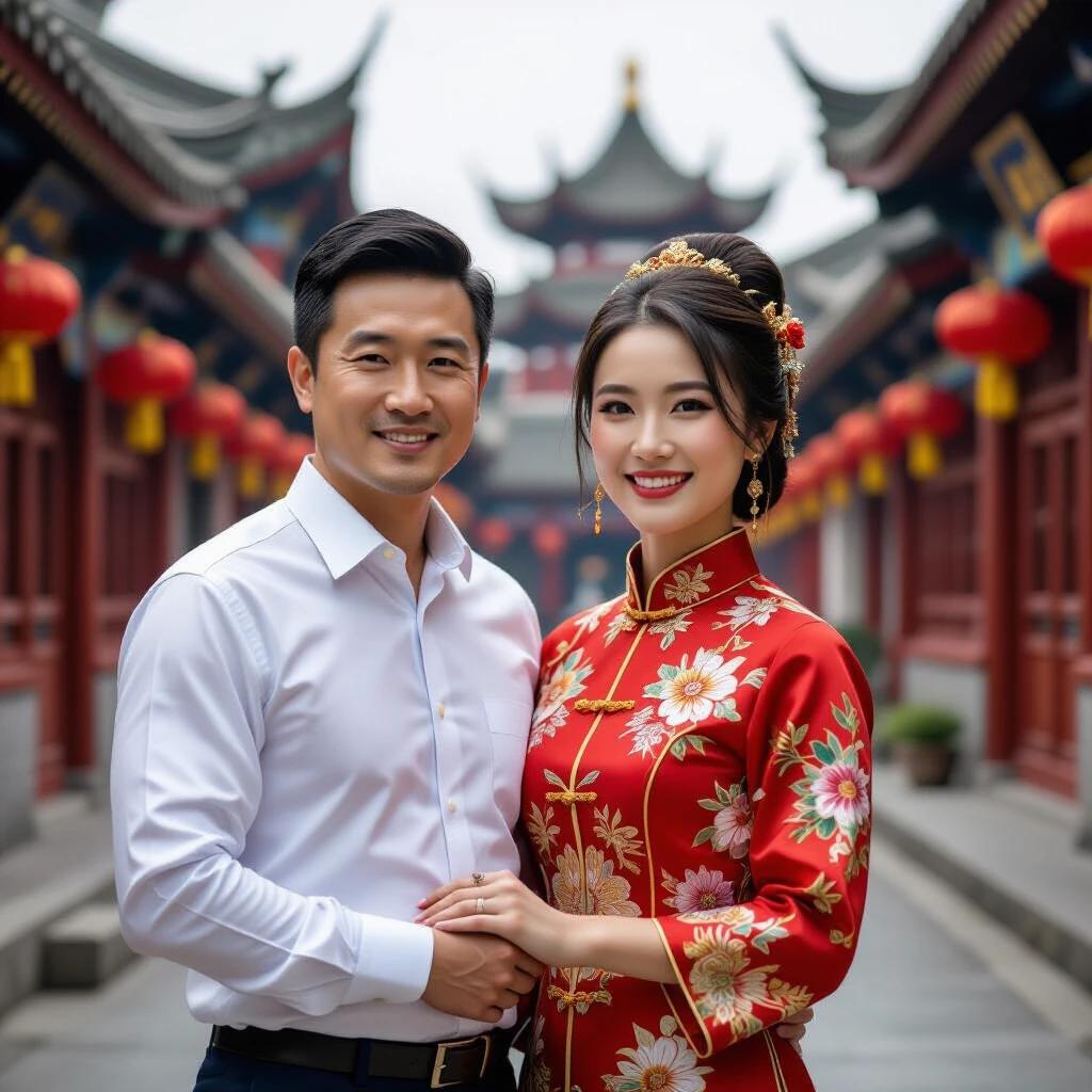 Image of a man and woman together in a historical Chinese setting with traditional clothing.