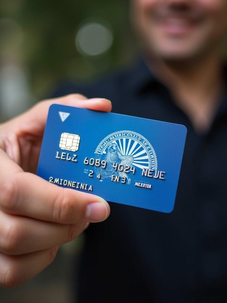 American Express card held by a person. Card has name abhi. Blue background with logo. Close-up of hand and card.