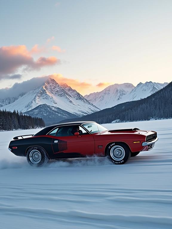Classic red and black Dodge Challenger muscle car driving fast on snowy frozen lake at sunset. Driver inside the car. Aggressive custom details and wide tires with snow buildup visible. Snow-covered mountains illuminated by soft golden sunset light. Clear sky with scattered clouds. Crisp cold atmosphere with cinematic lighting and ultra-realistic details.