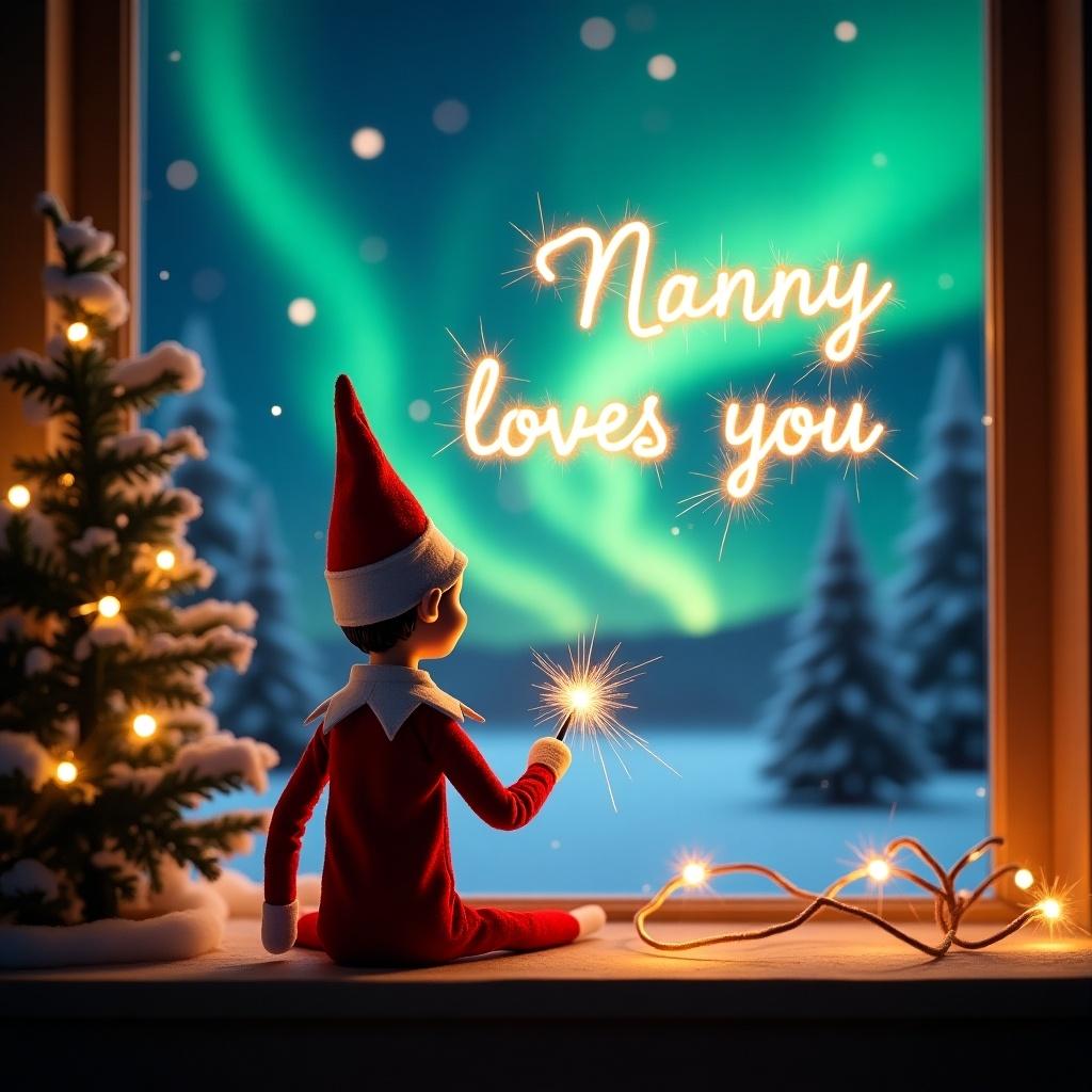 A warm Christmas scene. An elf on the shelf faces the sky. The elf is in red and white clothing. Holding a magic wand. The words 'Nanny loves you' glow in sparkler script. Behind is a vibrant display of northern lights. The atmosphere is magical and festive.