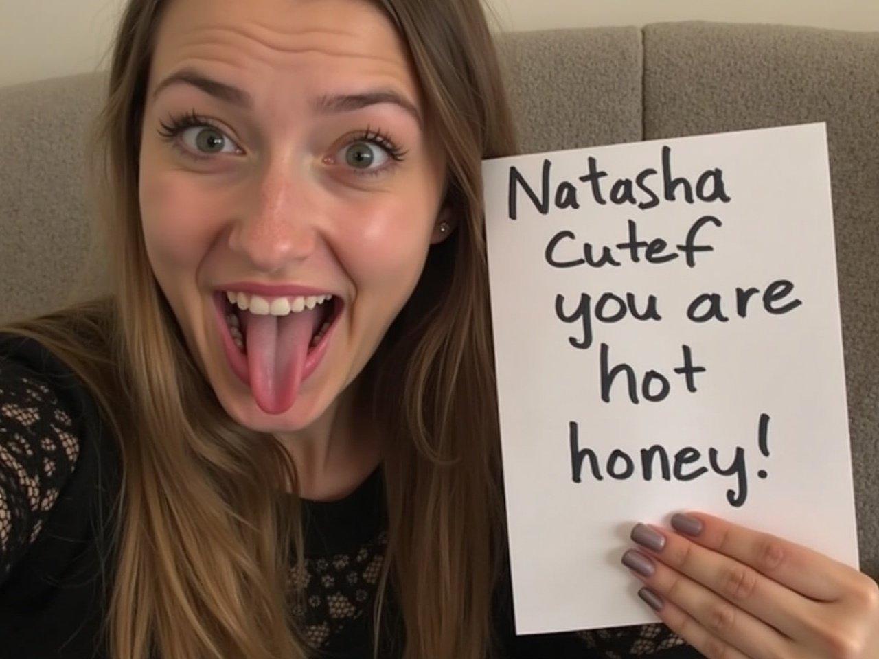 A young woman is taking a selfie, playfully sticking out her tongue. She has long hair and is wearing a black top with lace. In her other hand, she is holding a piece of paper that reads, 'Natasha Cutef you are hot honey!' in black-grey slim handwritten letters. The background is a cozy couch texture, adding to the casual feel of the photo. She's expressing a fun and flirty vibe.