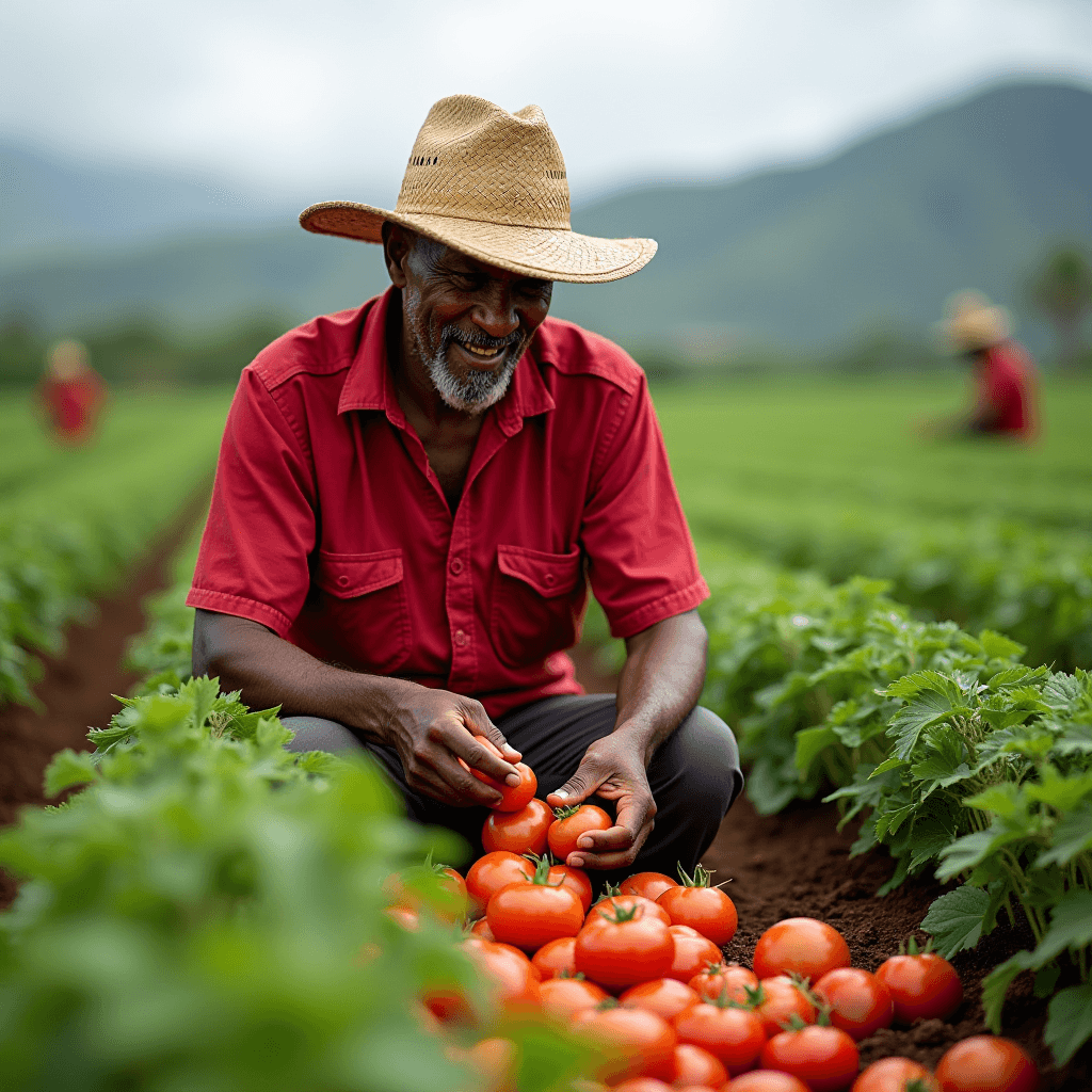 A farmer in a straw hat and red shirt happily harvests ripe tomatoes in a lush green field with mountains in the background.