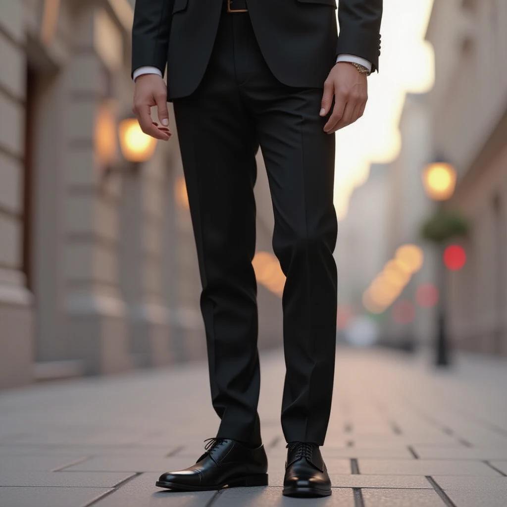 Close-up of a male character in black suit and leather shoes. Pale skin and thin lips. Broad shoulders and narrow waist. Upright posture. Noble and stern appearance. Soft lighting with low saturation. Blurred background.