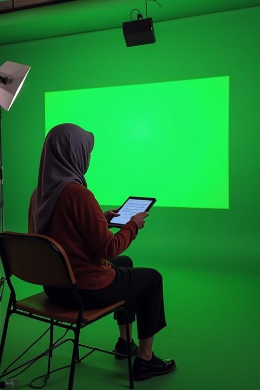 A female teacher explaining in a classroom setting with a green screen behind her. She wears a hijab. The atmosphere is interactive and educational. The focus is on her engagement with the students. Includes several participants in a classroom environment.