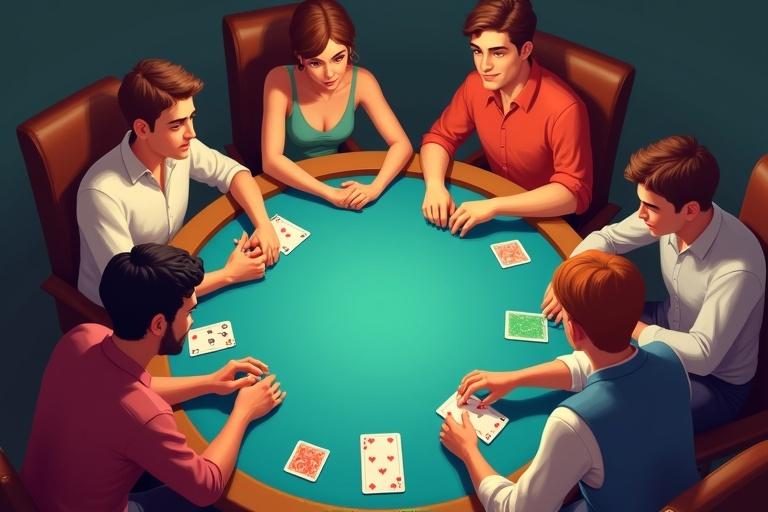 Lively 2D scene with individuals playing rummy. Characters showing strategic gestures. Table with cards and scorecards. Scene captured from above with soft lighting.