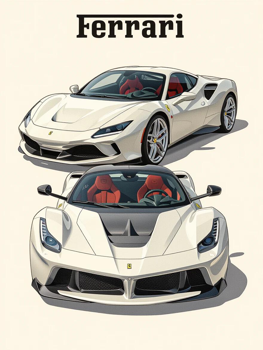 Stylized poster features Ferrari cars showcasing their design lines. The embossed effect creates a three-dimensional illusion. The background is minimalist and structured to enhance the sculptural aesthetics of the cars.