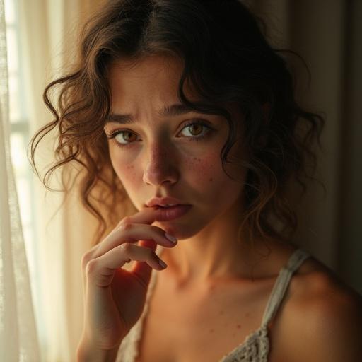 Dreamy portrait of young woman with curly hair emotional while crying. Bright hazel eyes detailed. Finger touching teeth. Cleavage visible. Sunlight filtering through sheer curtains. Hazy background. Shy expression with freckles.