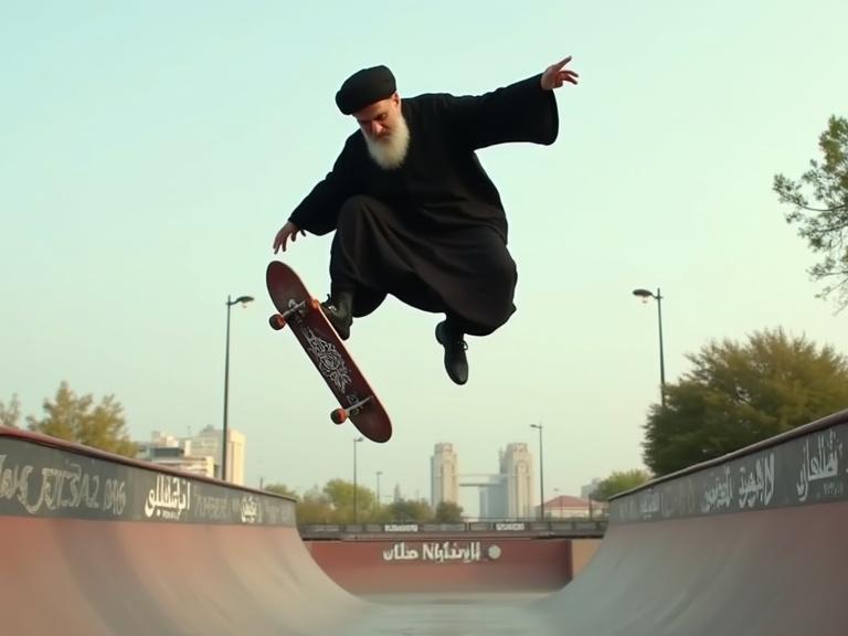 An older person skateboarding, performing aerial tricks on a half-pipe. Skater wears a traditional outfit, showcasing cultural blending.