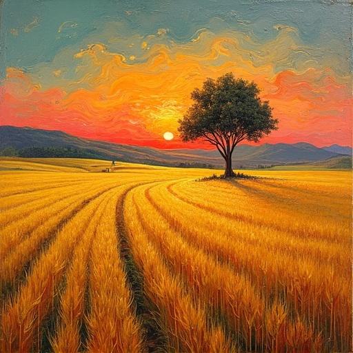 Vast countryside scene with golden wheat fields. Lone tree off-center silhouetted against orange-red sun setting. Blended style of Cézanne and Van Gogh with rhythmic patterns and layered textures. Ochre, deep orange, emerald green, warm violets create a peaceful mood.