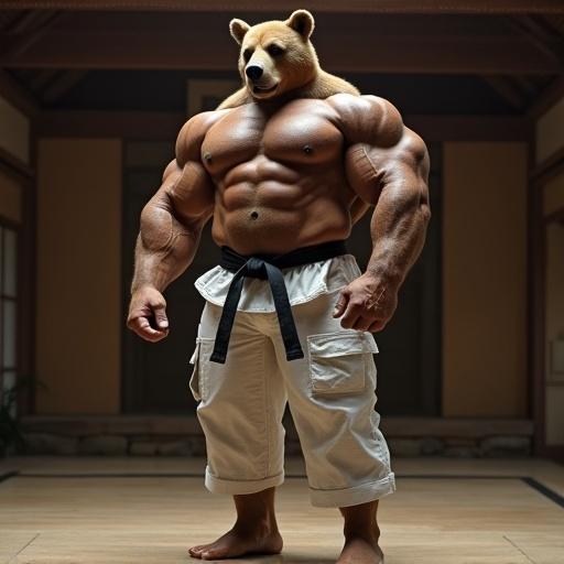 A huge strong muscular bodybuilder with a bear head is standing in a traditional dojo. He wears a judo gi with a black belt. He has large muscular pecs and abs. His feet and ankles are muscular and thick. His stance is strong and confident.