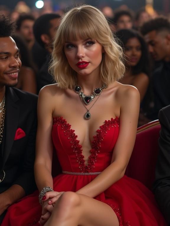 Photorealistic image of a young, slender and petite woman. She has blonde hair styled in a bob. Confident sitting pose showcases her attire. Wearing a red split skirt with deep cleavage. Accessorized with a striking pendant and high heels. Front row at a glamorous event. Surrounded by a group of young men who are engaged in selfies.