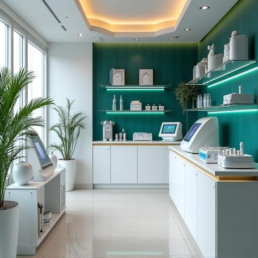 A modern medical showroom with a clean design. Showroom features premium medical devices displayed on glass shelves and white countertops. Laser therapy machines skincare treatment devices and surgical tools are organized and visually appealing. Bright soft ambiance with natural lighting reflecting off polished surfaces. Dark teal accents on furniture and shelves enhance the elegant atmosphere.