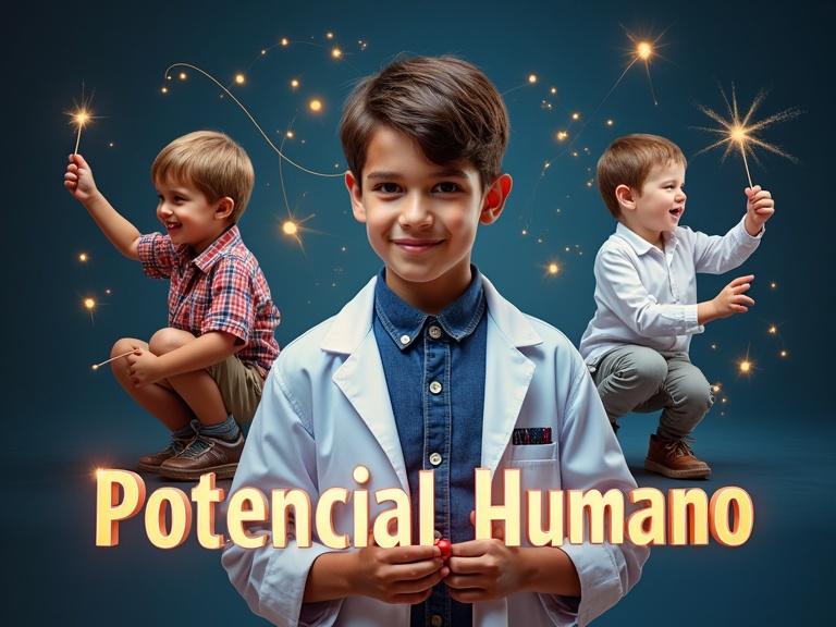 Collage featuring a boy in lab coat surrounded by younger versions of himself, connected with glowing lines, motivational phrase 'Potencial Humano' prominently displayed