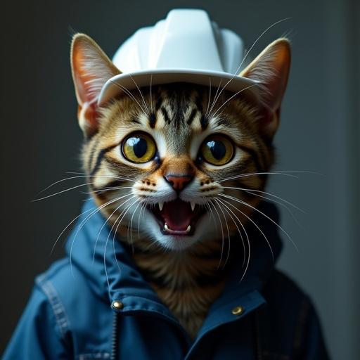 A semi-realistic cat with dark shadow over its face. The cat has wide, terrified eyes and a mouth that is slightly open. It wears a white hard hat and a blue work jacket.