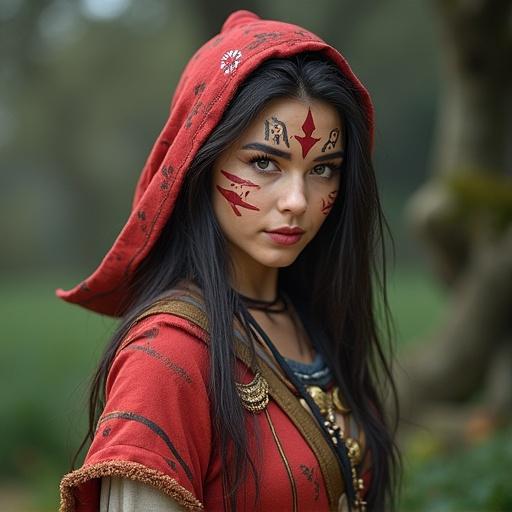 Human woman dressed as a villager from Dragon Quest. Face painted in an anime style. Natural setting with soft lighting. Focus on expression and detailed outfit.